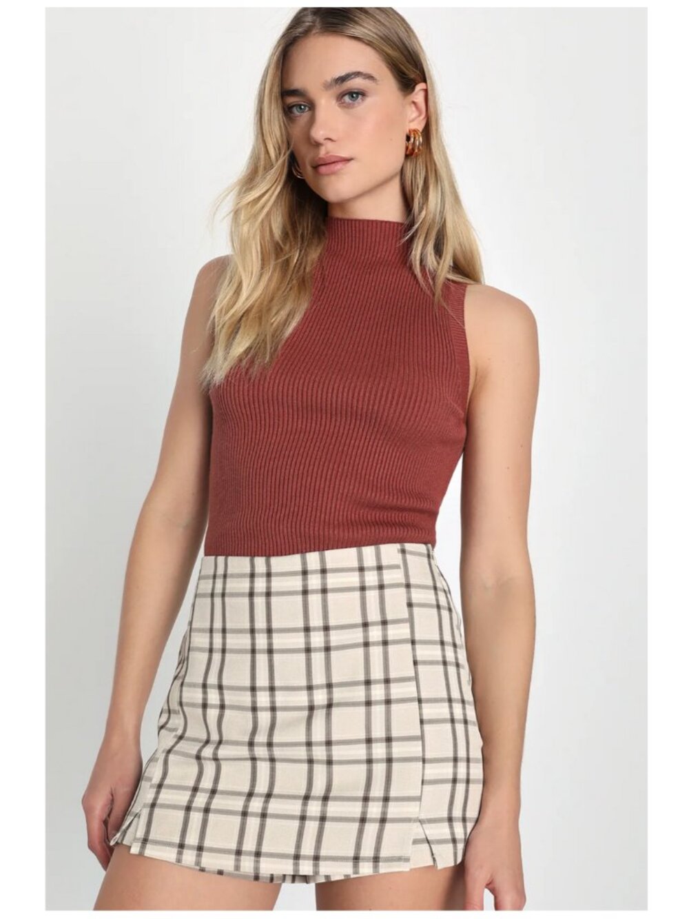 Lulu's Beige and Brown Plaid Skort (size XS)